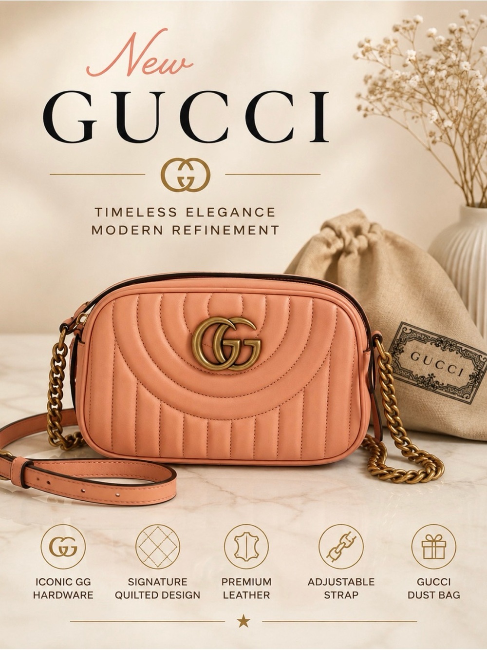 $2,900 New, Authentic Gucci GG Marmont Shoulder Bag Peach SALE Gold Chain